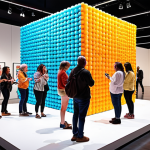**A diverse group of people engaging with interactive art installations at a cultural event. Bright, vibrant colors and modern architectural design. The atmosphere should be energetic and inclusive, showcasing the company's commitment to community engagement and innovative art experiences.**