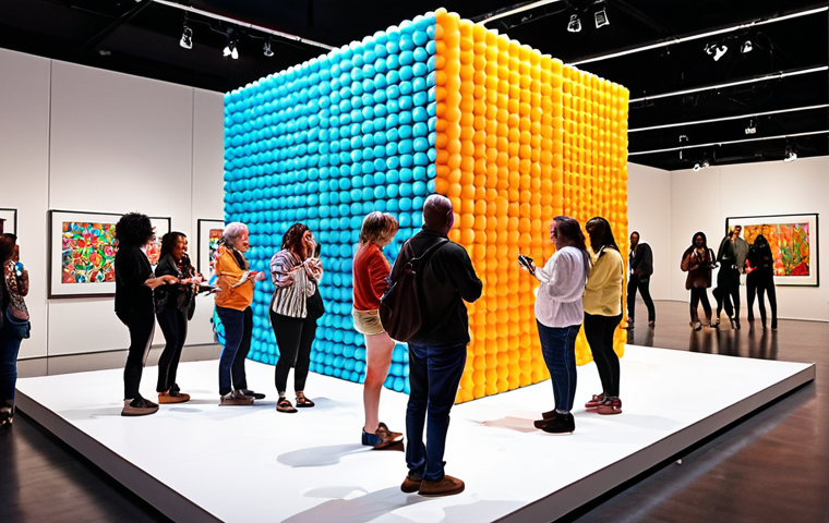 **A diverse group of people engaging with interactive art installations at a cultural event. Bright, vibrant colors and modern architectural design. The atmosphere should be energetic and inclusive, showcasing the company's commitment to community engagement and innovative art experiences.**