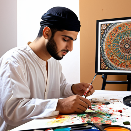 Home 25 **A young Arab artist passionately painting in a modern studio, surrounded by cultural art supplies, symbolizing turning a hobby into a successful career in arts & culture.**