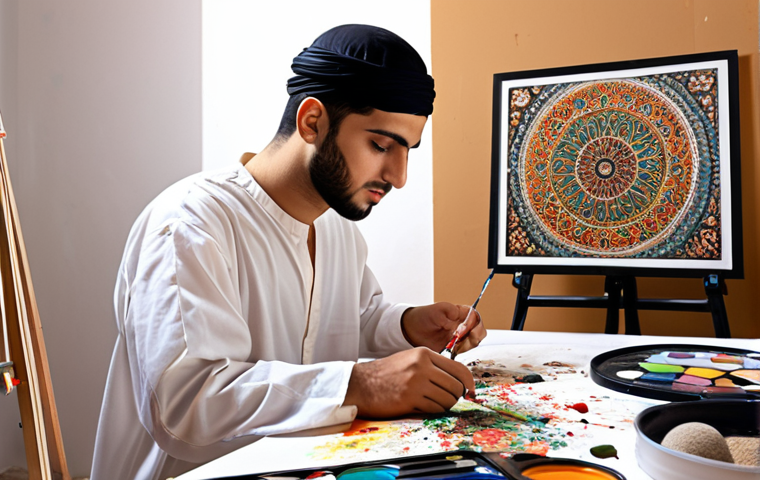 **A young Arab artist passionately painting in a modern studio, surrounded by cultural art supplies, symbolizing turning a hobby into a successful career in arts & culture.**