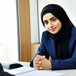 A professional Arab businesswoman in a modest business suit, seated opposite a male client in a modern, well-appointed office with subtle Riyadh-inspired architectural elements. They are engaged in a focused discussion, demonstrating trust and mutual understanding, with the businesswoman actively listening. The lighting is bright and professional. Fully clothed, appropriate attire, safe for work, perfect anatomy, correct proportions, natural pose, well-formed hands, proper finger count, natural body proportions, professional photography, high quality, professional, family-friendly.