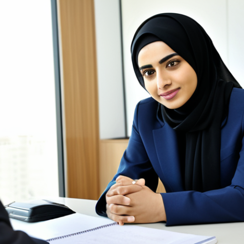 Home 23 A professional Arab businesswoman in a modest business suit, seated opposite a male client in a modern, well-appointed office with subtle Riyadh-inspired architectural elements. They are engaged in a focused discussion, demonstrating trust and mutual understanding, with the businesswoman actively listening. The lighting is bright and professional. Fully clothed, appropriate attire, safe for work, perfect anatomy, correct proportions, natural pose, well-formed hands, proper finger count, natural body proportions, professional photography, high quality, professional, family-friendly.