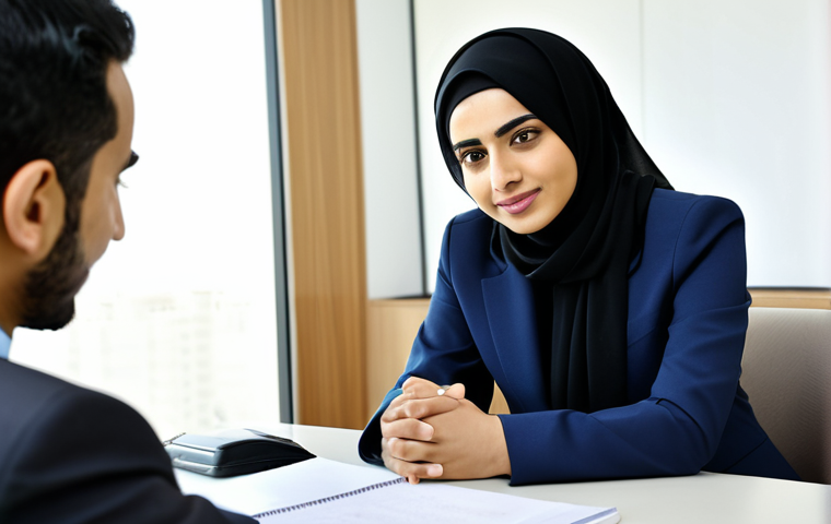 A professional Arab businesswoman in a modest business suit, seated opposite a male client in a modern, well-appointed office with subtle Riyadh-inspired architectural elements. They are engaged in a focused discussion, demonstrating trust and mutual understanding, with the businesswoman actively listening. The lighting is bright and professional. Fully clothed, appropriate attire, safe for work, perfect anatomy, correct proportions, natural pose, well-formed hands, proper finger count, natural body proportions, professional photography, high quality, professional, family-friendly.