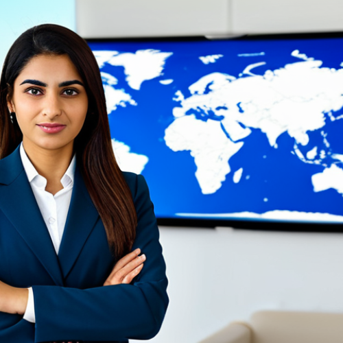 Home 22 A confident professional Arab businesswoman, fully clothed in a modest, elegant business suit, standing in a bright, modern corporate office. The background features a blurred global map on a large digital screen and a sleek city skyline, symbolizing international reach and trust. She has perfect anatomy, correct proportions, and a natural pose, looking forward with a determined expression. Her well-formed hands and proper finger count are visible. The image has professional studio lighting, high resolution, and a soft focus background. safe for work, appropriate content, family-friendly, modest clothing, professional dress.