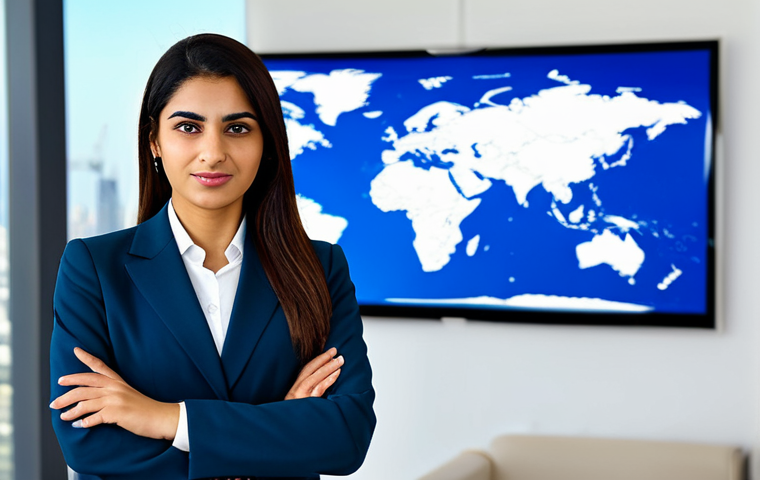 A confident professional Arab businesswoman, fully clothed in a modest, elegant business suit, standing in a bright, modern corporate office. The background features a blurred global map on a large digital screen and a sleek city skyline, symbolizing international reach and trust. She has perfect anatomy, correct proportions, and a natural pose, looking forward with a determined expression. Her well-formed hands and proper finger count are visible. The image has professional studio lighting, high resolution, and a soft focus background. safe for work, appropriate content, family-friendly, modest clothing, professional dress.