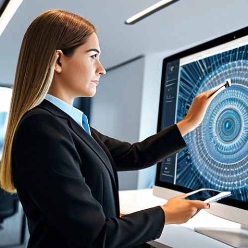 Home 9 A professional legal consultant, female, in a modest business suit, reviewing complex digital art contracts on a tablet in a sleek, modern office. A large monitor in the background displays abstract digital artwork. The scene emphasizes intellectual property protection and legal frameworks in the digital art world. Fully clothed, appropriate attire, safe for work, perfect anatomy, natural proportions, well-formed hands, professional dress, appropriate content, family-friendly, high-quality professional photography, crisp focus.