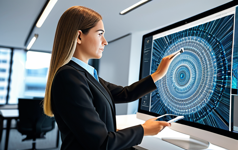 A professional legal consultant, female, in a modest business suit, reviewing complex digital art contracts on a tablet in a sleek, modern office. A large monitor in the background displays abstract digital artwork. The scene emphasizes intellectual property protection and legal frameworks in the digital art world. Fully clothed, appropriate attire, safe for work, perfect anatomy, natural proportions, well-formed hands, professional dress, appropriate content, family-friendly, high-quality professional photography, crisp focus.