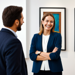 **

"A professional female event organizer, fully clothed in a modest business casual outfit, smiling warmly while consulting with an artist in a well-lit art gallery. Background features diverse artwork and casually dressed attendees. Safe for work, appropriate content, perfect anatomy, correct proportions, natural pose, professional setting, family-friendly."

**