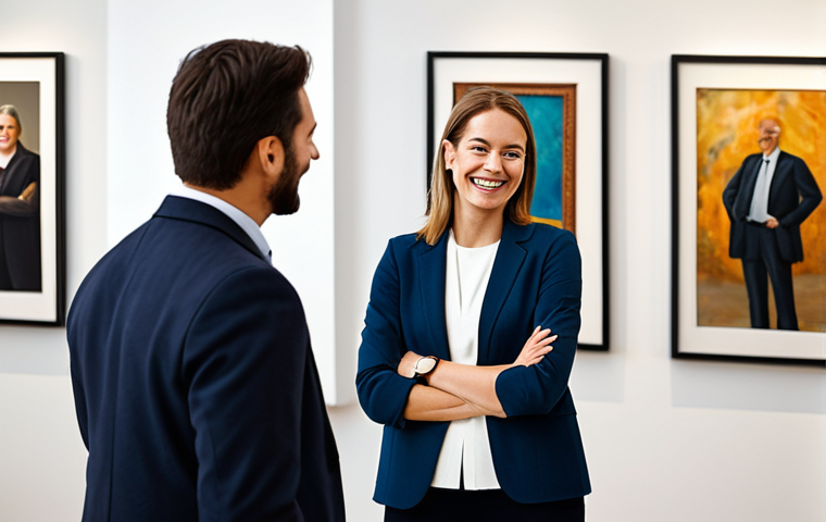 **
"A professional female event organizer, fully clothed in a modest business casual outfit, smiling warmly while consulting with an artist in a well-lit art gallery. Background features diverse artwork and casually dressed attendees. Safe for work, appropriate content, perfect anatomy, correct proportions, natural pose, professional setting, family-friendly."
**
