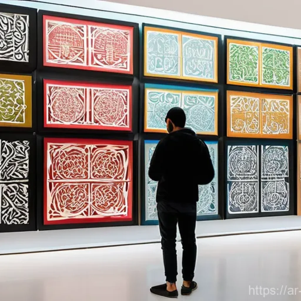 미술문화기획사의 주요 직무 적성 테스트 - **Prompt:** A vibrant, modern art gallery in a bustling Middle Eastern city, showcasing an exhibitio...