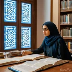 Home 20 미술문화기획사의 실기 대비 교재 추천 - A vibrant scene in a contemporary Arab cultural center library. A focused young Arab woman, in her l...