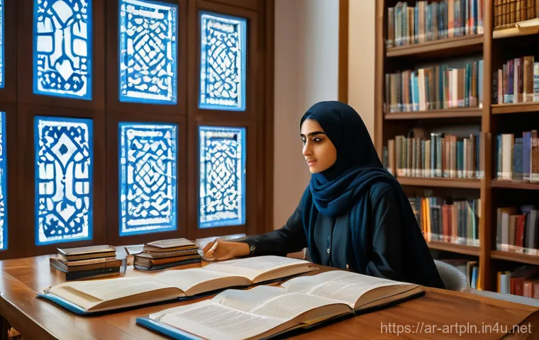 미술문화기획사의 실기 대비 교재 추천 - A vibrant scene in a contemporary Arab cultural center library. A focused young Arab woman, in her l...