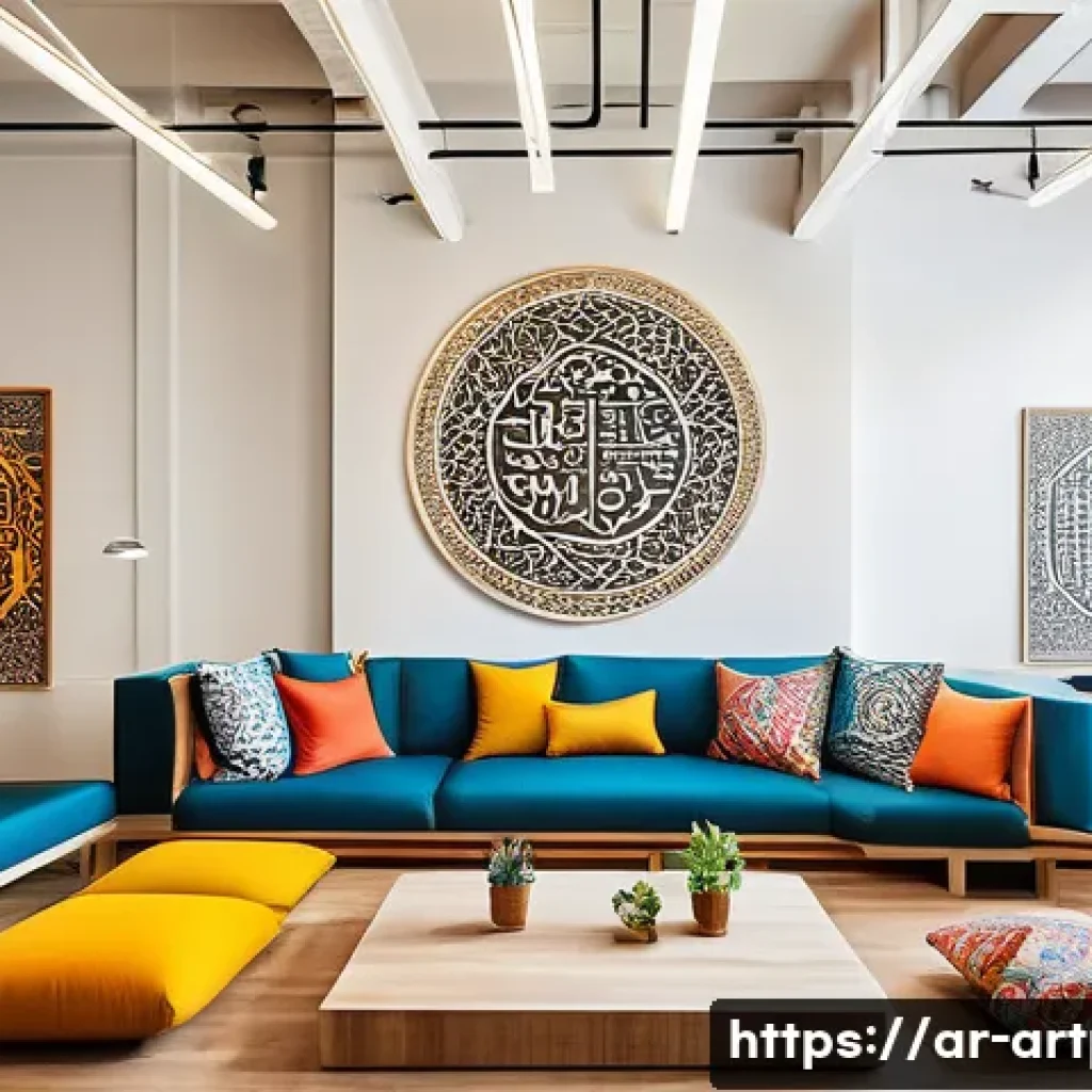미술문화기획사의 직무 만족도를 높이는 방법 - A vibrant creative office space designed for a cultural arts team, featuring comfortable seating are...