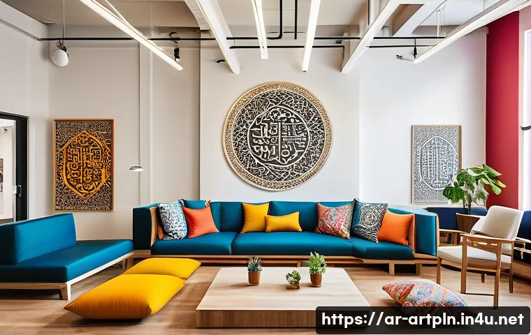 미술문화기획사의 직무 만족도를 높이는 방법 - A vibrant creative office space designed for a cultural arts team, featuring comfortable seating are...