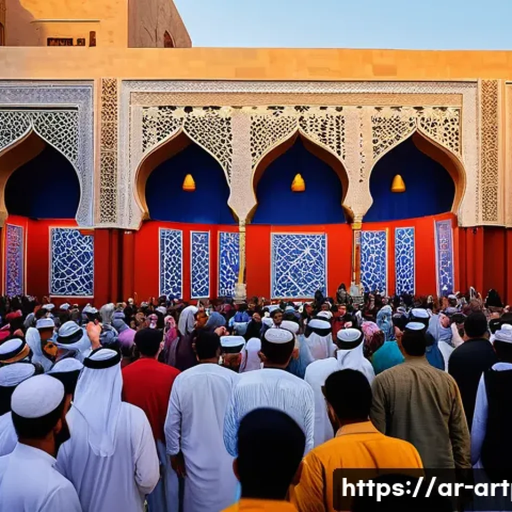 미술문화기획사와 관련된 단체 및 협회 - A vibrant cultural festival scene in an Arab city at dusk, showcasing a diverse group of artists and...