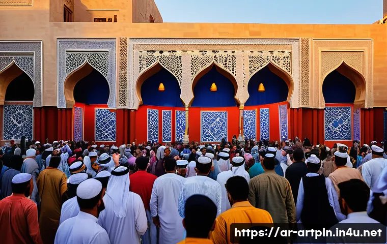 미술문화기획사와 관련된 단체 및 협회 - A vibrant cultural festival scene in an Arab city at dusk, showcasing a diverse group of artists and...