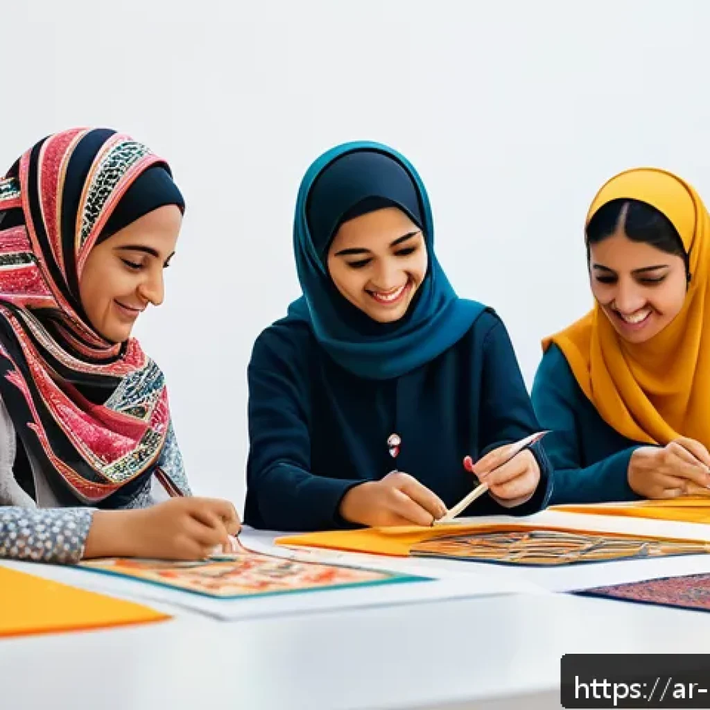 미술문화기획사의 강의 및 세미나 사례 - A vibrant interactive art workshop set in a modern cultural center in an Arabic city, featuring dive...