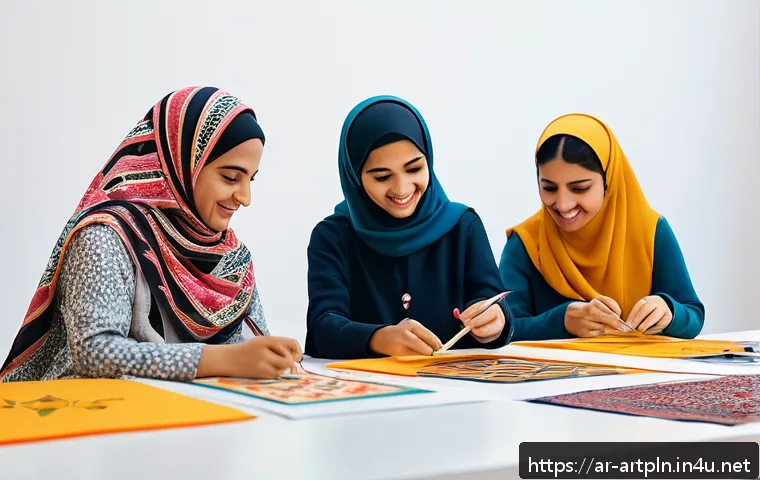 미술문화기획사의 강의 및 세미나 사례 - A vibrant interactive art workshop set in a modern cultural center in an Arabic city, featuring dive...