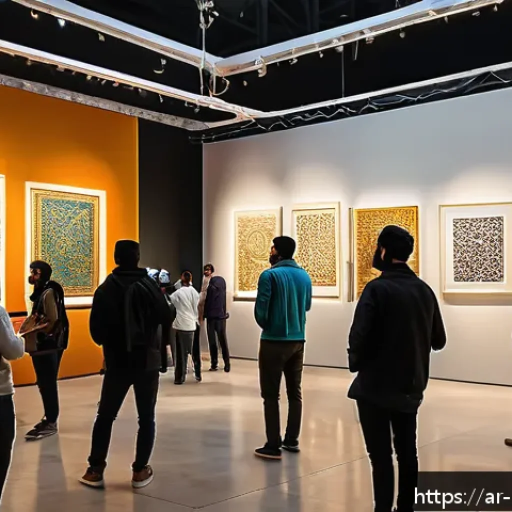 미술문화기획사의 실무 경험 쌓는 방법 - A vibrant scene of an art event in a modern cultural center in an Arabic city, featuring a spacious ...