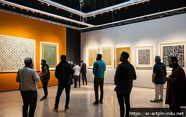 미술문화기획사의 실무 경험 쌓는 방법 - A vibrant scene of an art event in a modern cultural center in an Arabic city, featuring a spacious ...