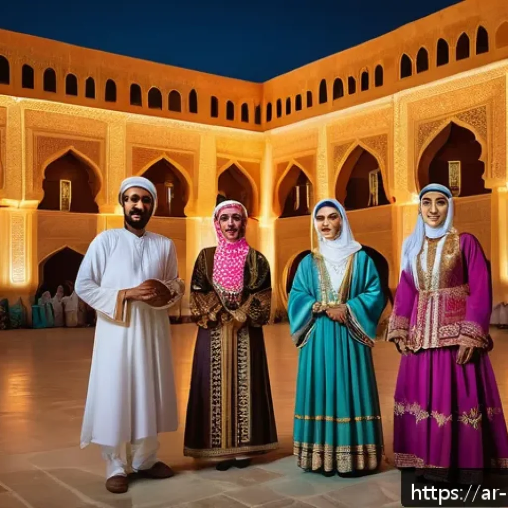미술문화기획사의 지역 문화 행사 기획 사례 - A vibrant cultural festival set in an ancient Arabian palace courtyard during twilight, showcasing t...