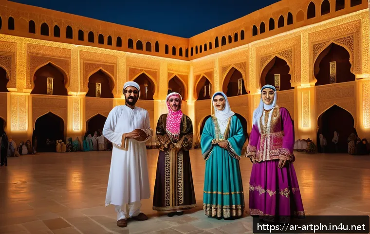 미술문화기획사의 지역 문화 행사 기획 사례 - A vibrant cultural festival set in an ancient Arabian palace courtyard during twilight, showcasing t...