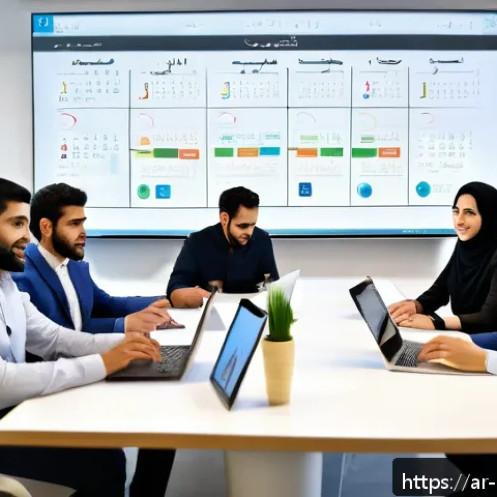 미술문화기획사로서의 워라밸 유지 방법 - A professional Arab event planning team in a modern office setting, diverse men and women wearing bu...