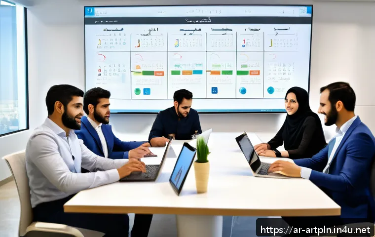 미술문화기획사로서의 워라밸 유지 방법 - A professional Arab event planning team in a modern office setting, diverse men and women wearing bu...