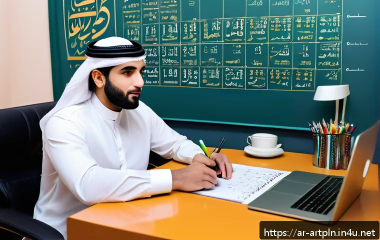 미술문화기획사의 주요 자격증 합격률 비교 - A professional Arab man in his early 30s wearing smart casual attire, sitting at a modern desk in a ...