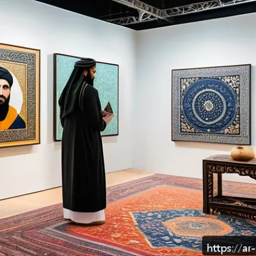 미술문화기획사와 온라인 전시 플랫폼 활용 - A vibrant virtual art exhibition scene showcasing an Arab digital artist interacting live with a div...