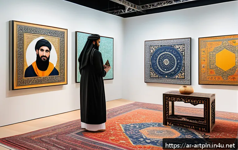 미술문화기획사와 온라인 전시 플랫폼 활용 - A vibrant virtual art exhibition scene showcasing an Arab digital artist interacting live with a div...