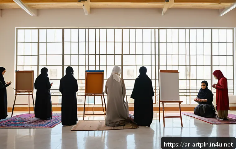 미술문화기획사의 주요 고객 대상 프로젝트 - A vibrant community art workshop scene in a modern cultural center in an Arabic city, featuring dive...