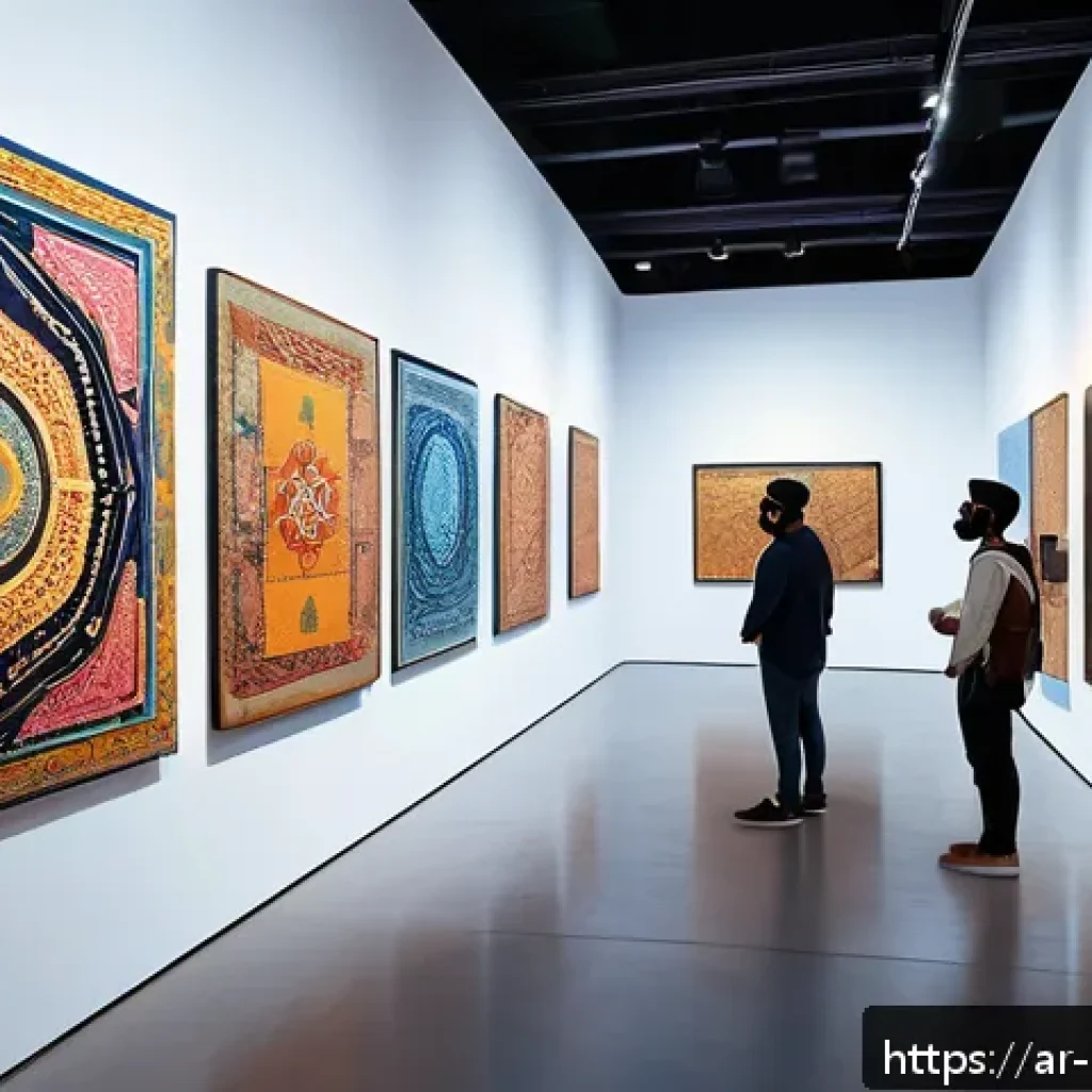 미술문화기획사의 최신 기술 활용 사례 - A vibrant digital art exhibition scene set in a modern Middle Eastern gallery, featuring visitors we...