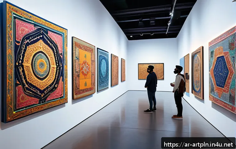 미술문화기획사의 최신 기술 활용 사례 - A vibrant digital art exhibition scene set in a modern Middle Eastern gallery, featuring visitors we...